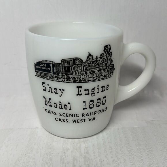 Vintage Coffee Mug Milk Glass CASS SCENIC RAILROAD Cass WV USA. VA Shay Engine - Picture 1 of 4